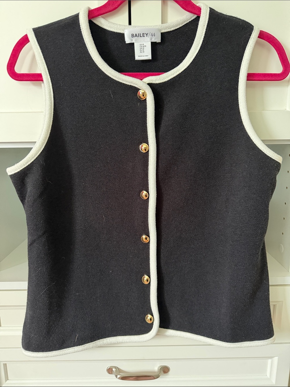 Bailey 44 Black Sleeveless Knit Vest with Cream Trim and Gold Buttons - Picture 3 of 4